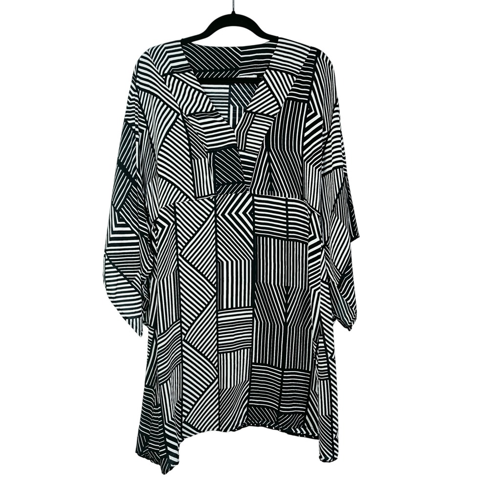 Black White Geometric Kimono Sleeve Beach Cover-up XL Vacation Resortwear Flowy